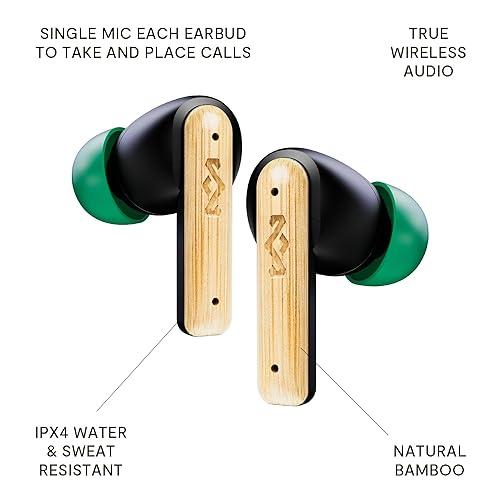 House of Marley Little Bird True Wireless Earbuds, Touch Controls, Built-in Mic, 24 Hours Playtime with Case, USB-C Quick Charge, Sustainable Materials, Movie and Gaming Mode, Black