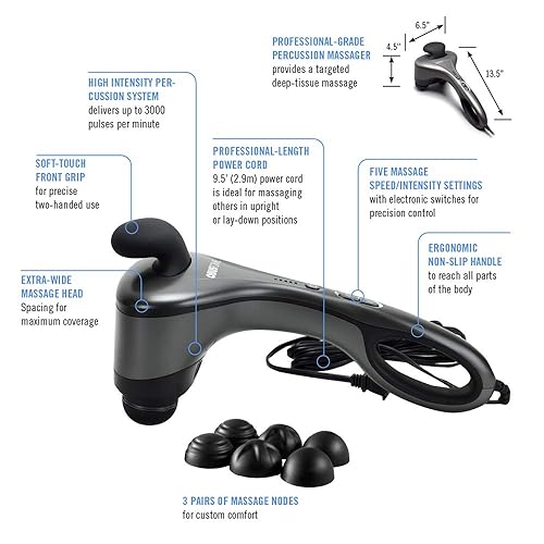Obusforme Professional Grade Percussion Back Massager | Handheld Deep Tissue Massager | Dual Massage Nodes | Five Massage Intensity Options | Ergonomic Front Grip & Non-Slip Handle | Quiet Operation