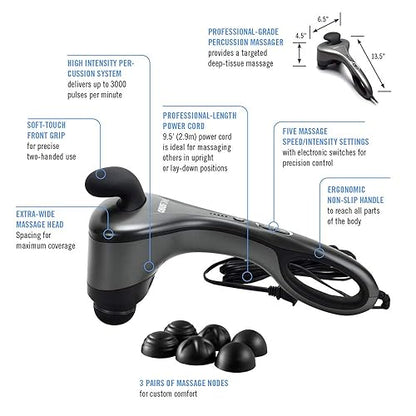 Obusforme Professional Grade Percussion Back Massager | Handheld Deep Tissue Massager | Dual Massage Nodes | Five Massage Intensity Options | Ergonomic Front Grip & Non-Slip Handle | Quiet Operation