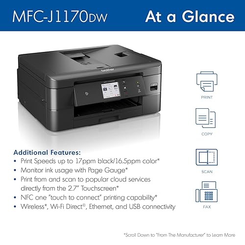 Brother MFC-J1170DW Wireless Colour Inkjet All-in-One Printer with Mobile Device Printing, NFC, and Cloud Printing & Scanning, for Home Office and Personal Use with Refresh Subscription Option