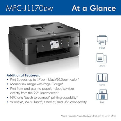 Brother MFC-J1170DW Wireless Colour Inkjet All-in-One Printer with Mobile Device Printing, NFC, and Cloud Printing & Scanning, for Home Office and Personal Use with Refresh Subscription Option