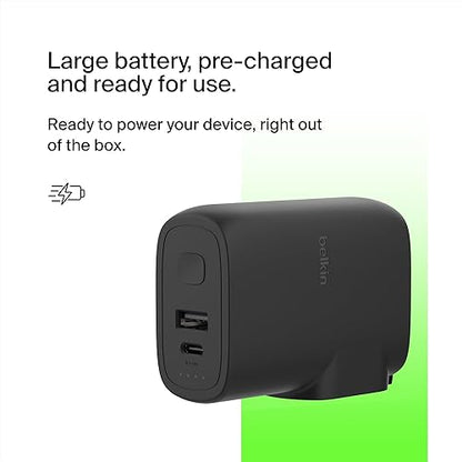 Belkin BoostCharge Hybrid Wall Charger 25W + Power Bank 5K, 2-in-1 Portable Charger, Portable Battery Charger w/USB-C Port & USB-A Port - Travel-Friendly, Dual-Port Charging Device - Black 2-1 Charger