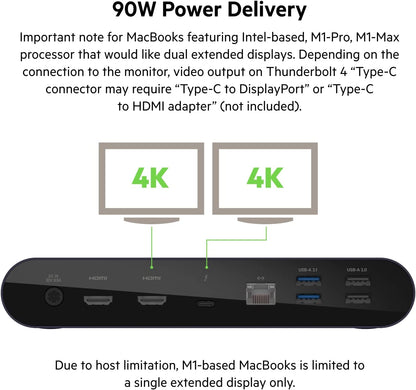 Belkin Thunderbolt 4 Dock Pro, Single 8K @ 60hz, Dual 4K Display Compatible, 2 x Thunderbolt 4 Port, 2 x HDMI Port, 90W Power Delivery PD, Audio in/Out, Compatible with MacBook Pro, XPS, and More