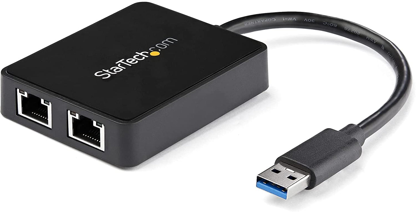 StarTech.com USB 3.0 to Dual Port Gigabit Ethernet Adapter w/USB Port - 10/100/100 - USB Gigabit LAN Network NIC Adapter (USB32000SPT) Black Black
