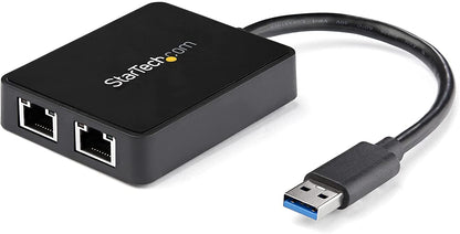 StarTech.com USB 3.0 to Dual Port Gigabit Ethernet Adapter w/USB Port - 10/100/100 - USB Gigabit LAN Network NIC Adapter (USB32000SPT) Black Black