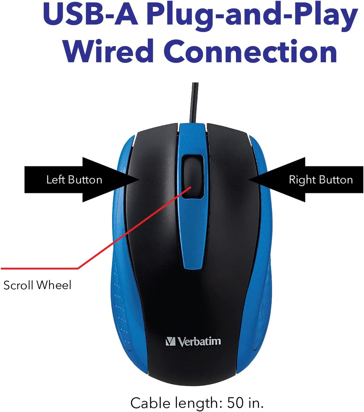 Verbatim Optical Mouse - Wired with USB Accessibility - Mac &amp; PC Compatible - Blue, 1.4" x 2.4" x 3.9"