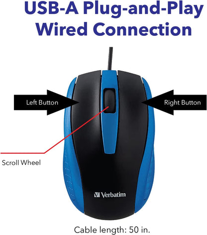 Verbatim Optical Mouse - Wired with USB Accessibility - Mac &amp; PC Compatible - Blue, 1.4" x 2.4" x 3.9"