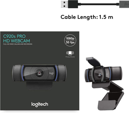 Logitech C920S HD Pro Webcam, Full HD 1080p/30fps Video Calling, Clear Stereo Audio, HD Light Correction, Privacy Shutter, Works with Skype, Zoom, FaceTime, Hangouts, PC/Mac/Laptop/Tablet/XBox - Black