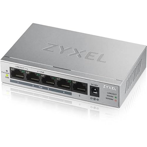 ZyXEL GS1005HP 5 Port POE+ Gigabit Ethernet Switch, 4 x PoE, 60W Budget, Fanless Metal, Desktop, 802.3at 802.3af. 5 Year Warranty GS1005HP