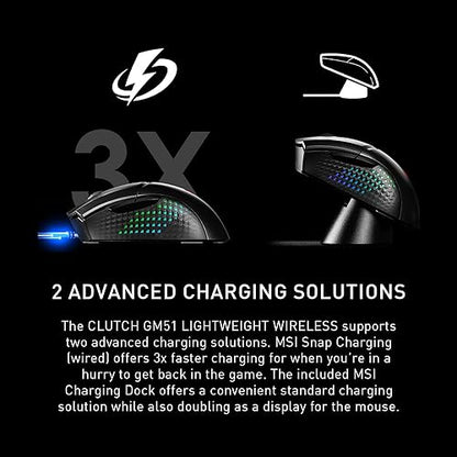 MSI Clutch GM51 Lightweight Wireless Gaming Mouse & Charging Dock, 26K DPI Optical Sensor, 2.4G & Bluetooth, 60M Omron Switches, Fast-Charging, 150Hr Battery, RGB, 5 Programmable Buttons, PC/Mac