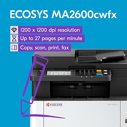 KYOCERA ECOSYS MA2600cwfx All-in-One Color Laser Printer (Print/Copy/Scan/Fax), 27 ppm, 1200 dpi, Wi-Fi Direct, 1GB Memory, 4.3 inch Color Touch Screen Control Panel