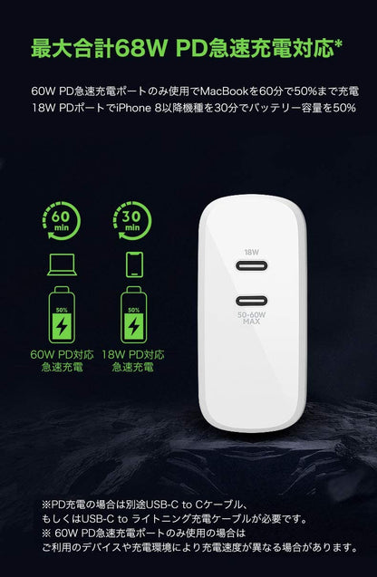 Belkin USB-PD GaN Charger 68W, White &amp; BoostCharge Pro Flex Braided USB Type C to C Cable (2M/6.6FT), USB-IF Certified Power Delivery PD Fast Charging Cable White Standalone Charger + Cable White
