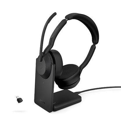 Jabra Evolve2 55 Stereo Wireless Headset - Charging Stand, Jabra AirComfort Technology, Noise-Cancelling Mics & Active Noise Cancellation - Works with UC Platforms Such as Zoom & Google Meet - Black Stereo w/ Charging Stand Link380c UC