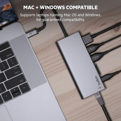 Belkin USB C Hub Multiport Adapter, USB C, 2 USB A, 4K HDMI, 1 Gigabite Ethernet, 1 SD Card, Pass through charging up to 60W with Tethered USB-C Cable, Dock for MacBook Pro, Macbook Air, PC, Windows USB-C Hub Adapter