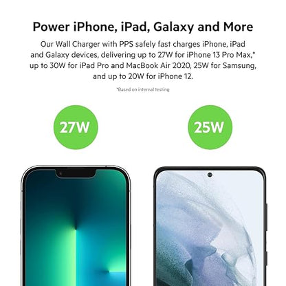 Belkin USB C Charger Block 30W - USB-C to Lightning Cable Included - PPS PD 3.0 Super Fast Charging - Samsung Galaxy S25, Apple iPhone 14, 14 Pro, 14 Pro Max, iPhone 13, & More - White
