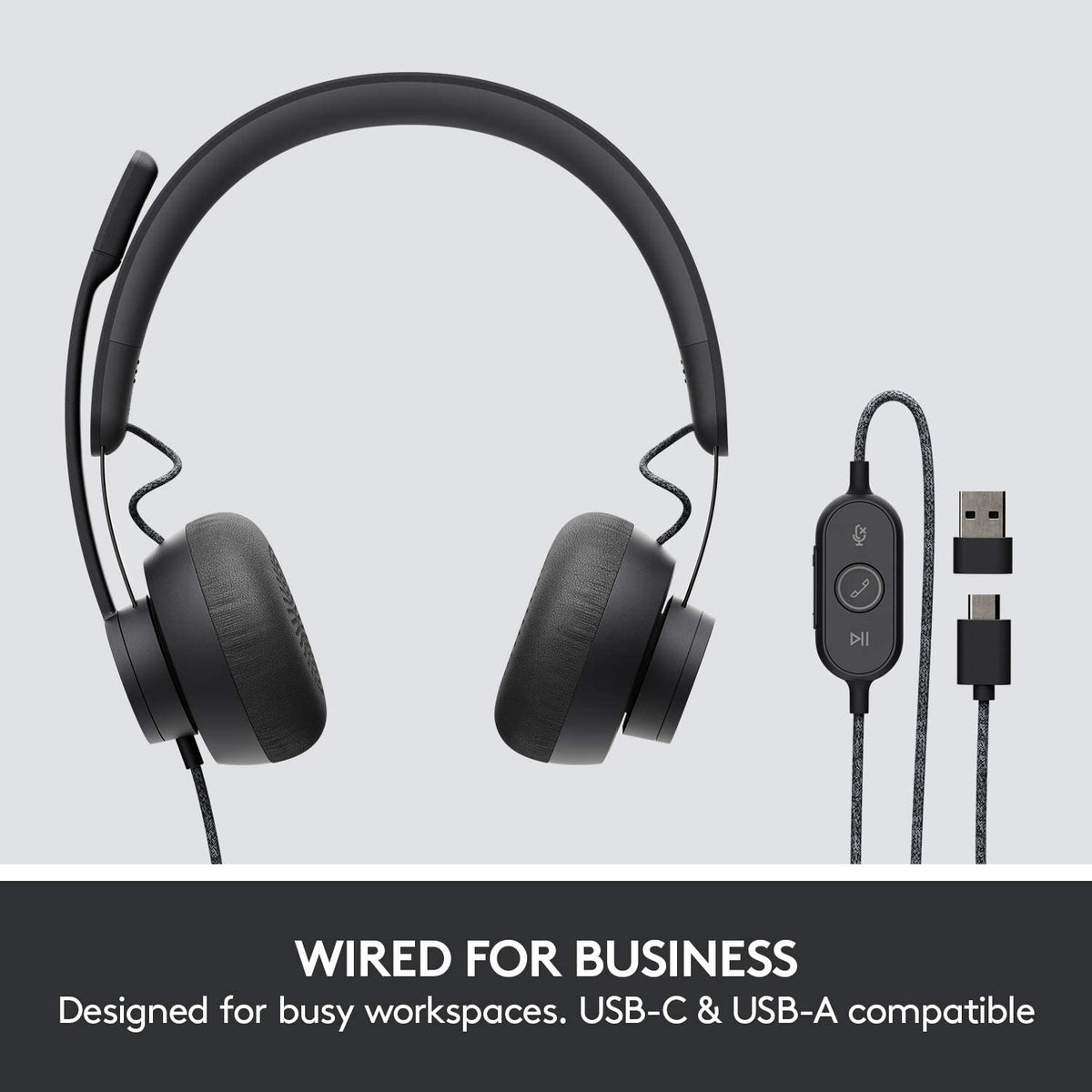 Logitech Zone Wired Noise Cancelling Headset, USB-C with USB-A Adapter - Graphite