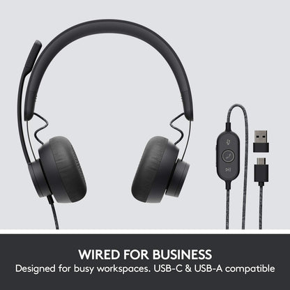 Logitech Zone Wired Noise Cancelling Headset, USB-C with USB-A Adapter - Graphite