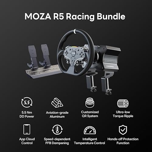 MOZA R5 All-in-One PC Gaming Racing Simulator 3PCS Bundle: 5.5Nm Direct Drive Wheel Base, 11-inch Racing Wheel, Anti-Slip Pedals and a Desk Clamp, Cloud-Based App Control