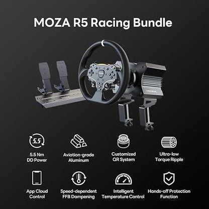 MOZA R5 All-in-One PC Gaming Racing Simulator 3PCS Bundle: 5.5Nm Direct Drive Wheel Base, 11-inch Racing Wheel, Anti-Slip Pedals and a Desk Clamp, Cloud-Based App Control
