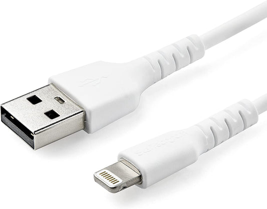 StarTech.com 6 Foot (2m) Durable White USB-A to Lightning Cable - Heavy Duty Rugged Aramid Fiber USB Type A to Lightning Charger/Sync Power Cord - Apple MFi Certified iPad/iPhone 12 (RUSBLTMM2M) White 2m