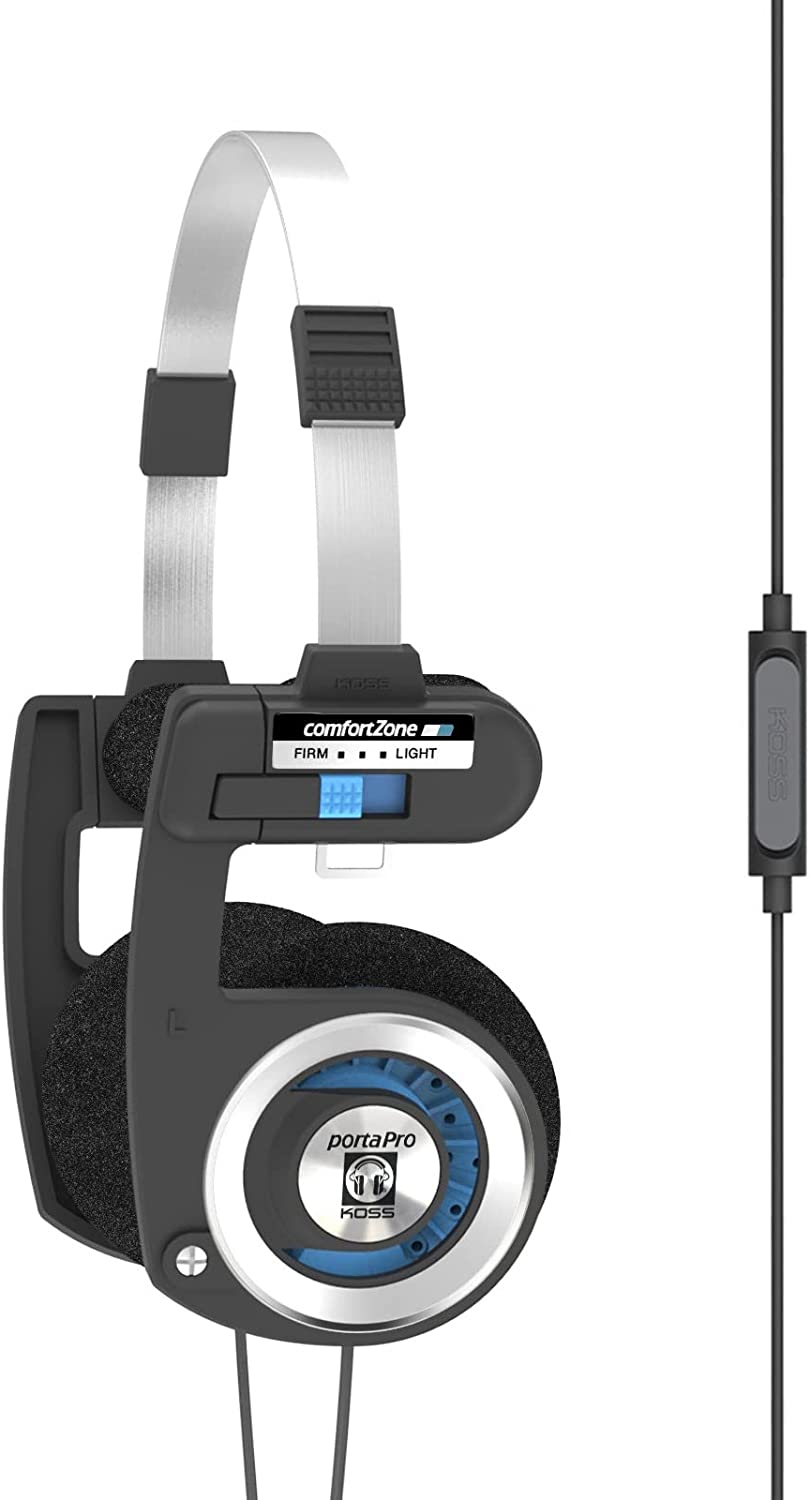 Koss Porta Pro with Microphone and Remote On-Ear Headphones, in-Line Microphone and Touch Remote Control, Collapsible Design, Wired with 3.5mm Plug, Black and Silver