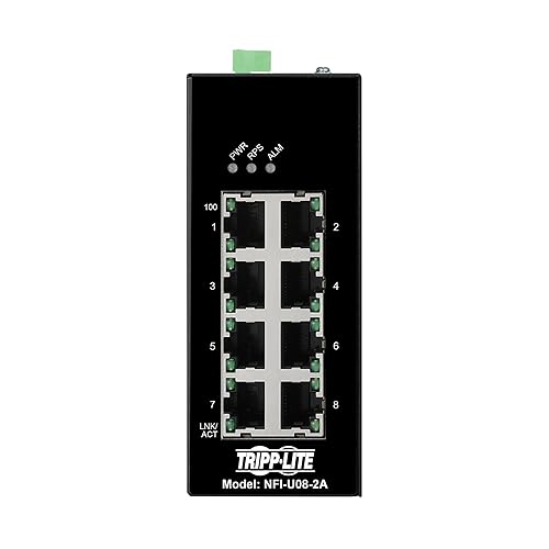 Tripp Lite 8-Port Industrial Ethernet Switch with Ethernet/IP Quality of Service (EIP QoS), 100 Mbps, Unmanaged, DIN Rail Mounting, -40° to 75°C Temperature Range, 3-Year Warranty (NFI-U08-2A) 8-Port Unmanaged EIP QoS
