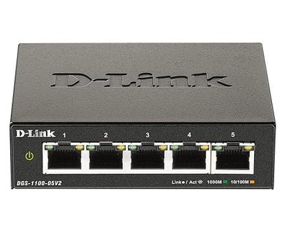 D-Link 5-Port Gigabit Smart Managed Desktop Switch, Layer 2 Features, VLANs, Cable Diagnostics, Compact, Fanless, Energy Saving Features, WebSmart Web GUI, EasySmart (DGS-1100-05V2)