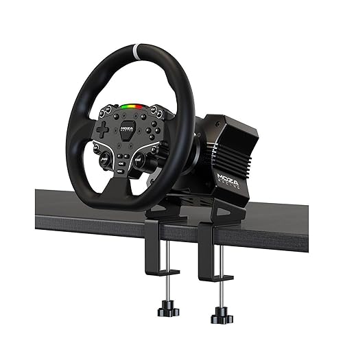 MOZA R5 All-in-One PC Gaming Racing Simulator 3PCS Bundle: 5.5Nm Direct Drive Wheel Base, 11-inch Racing Wheel, Anti-Slip Pedals and a Desk Clamp, Cloud-Based App Control