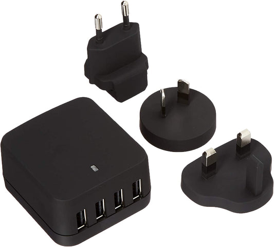 StarTech.com 4-Port Travel USB Wall Charger - 34W/6.8A International Travel Adapter - Portable USB Charging Station (USB4PACBK), Black Black 4 ports