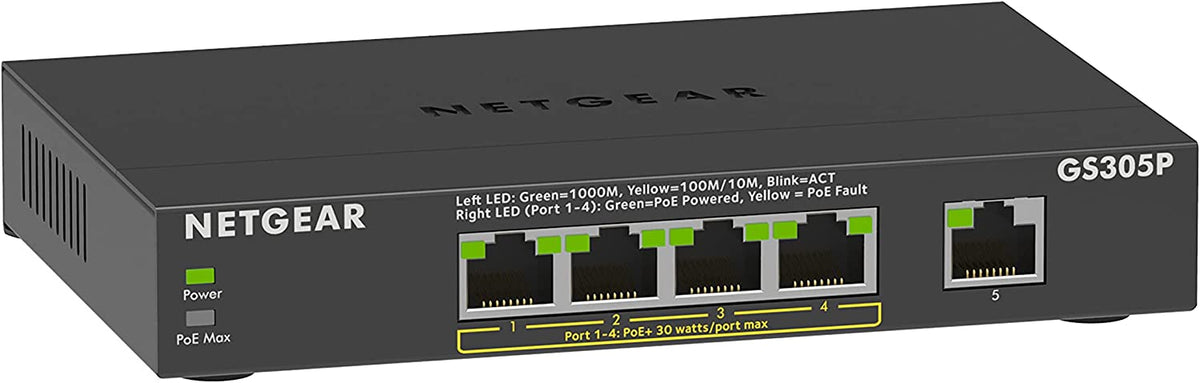 NETGEAR 5-Port Gigabit Ethernet Unmanaged PoE Switch (GS305P v2) - with 4 x PoE+ @ 63W, Desktop or Wall Mount