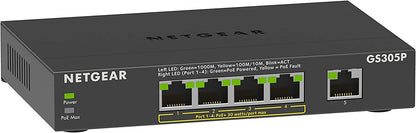 NETGEAR 5-Port Gigabit Ethernet Unmanaged PoE Switch (GS305P v2) - with 4 x PoE+ @ 63W, Desktop or Wall Mount
