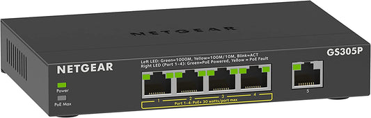NETGEAR 5-Port Gigabit Ethernet Unmanaged PoE Switch (GS305P v2) - with 4 x PoE+ @ 63W, Desktop or Wall Mount
