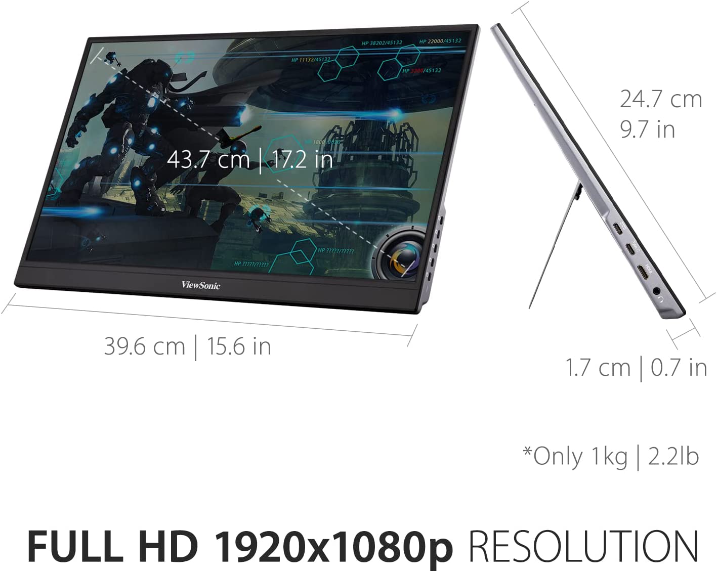 ViewSonic VX1755 17 Inch 1080p Portable IPS Gaming Monitor with 144Hz, AMD FreeSync Premium, 2 Way Powered 60W USB C, Mini HDMI, and Built in Stand with Cover for Home and Esports 17 Inch Gaming