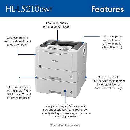 Brother HL-L5210DWT Business Monochrome Laser Printer with Dual Paper Trays, Wireless Networking, and Duplex Printing New Model: HLL5210DWT