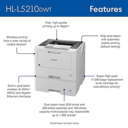 Brother HL-L5210DWT Business Monochrome Laser Printer with Dual Paper Trays, Wireless Networking, and Duplex Printing New Model: HLL5210DWT