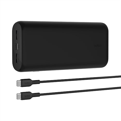 Belkin 20W 3-port USB Power Bank - 20K mAh - 2xUSB-A (12W), 1xUSB-C (15W) - Portable Charger - w/ USB-C to USB-C Cable - Black - For USB Type C Device, USB Type A Device - 20000 mAh - Black