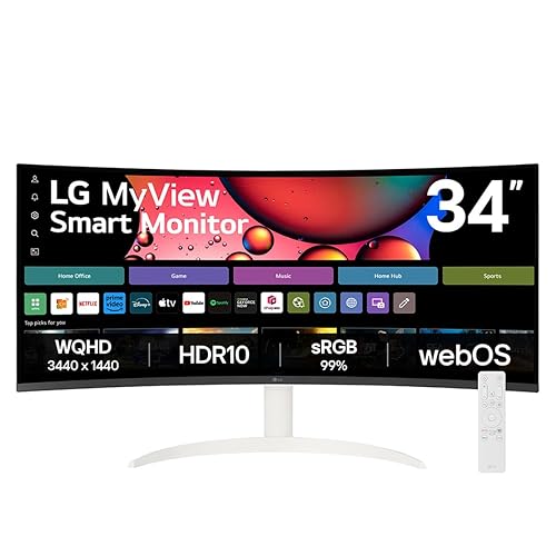 LG MyView Smart Monitor (34SR60QC - 34-Inch 21:9 Curved UltraWide QHD (3440x1440) Display, webOS Smart Monitor, LG ThinQ App, 2 x 7W Stereo Speakers, AirPlay 2 + Screen Share + Bluetooth