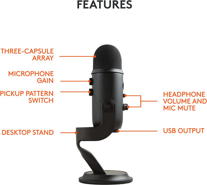 Logitech Blue Yeti USB Microphone for PC, Mac, Gaming, Recording, Streaming, Podcasting, Studio and Computer Condenser Mic with Blue VO!CE effects, 4 Pickup Patterns, Plug and Play – Blackout Blackout Microphone