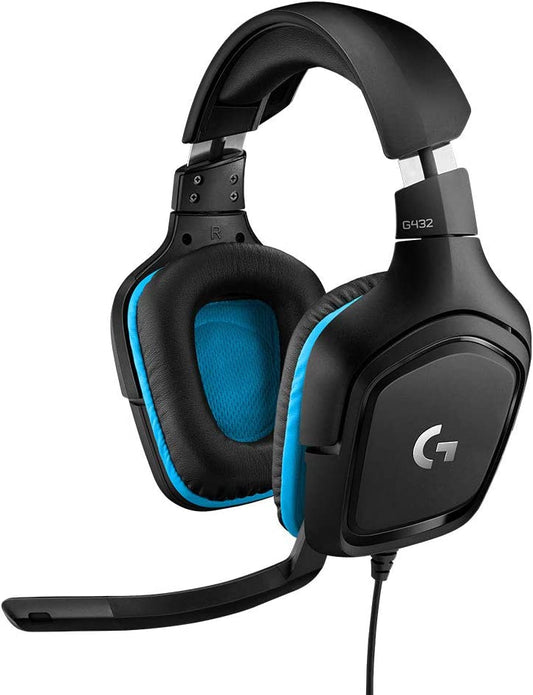 Logitech G432 Wired Gaming Headset, 7.1 Surround Sound, DTS Headphone:X 2.0, Flip-to-Mute Mic, PC (Leatherette) Black/Blue Surround Headset