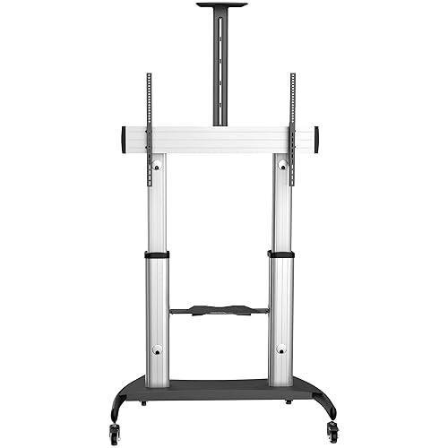 StarTech.com Mobile TV Stand - Heavy Duty TV Cart for 60-100 Display (100kg/220lb) - Height Adjustable Rolling Flat Screen Floor Standing on Wheels - Universal Television Mount w/Shelves (STNDMTV100) Single TV 60-100