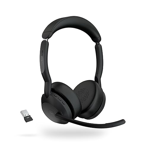 Jabra Evolve2 55 Stereo Wireless Headset - Features Jabra AirComfort Technology, Noise-Cancelling Mics & Active Noise Cancellation - MS Teams Certified, Works with Other Platforms - Black Link380a MS Teams