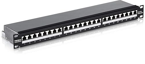 TRENDnet 24-Port Cat6A Shielded 1U Patch Panel, 19" 1U Rackmount Housing, Compatible with Cat5e, Cat6, and Cat6A Cabling, Ethernet Cable Management, Color Coded Labeling, Black, TC-P24C6AS 24 Port Cat6A