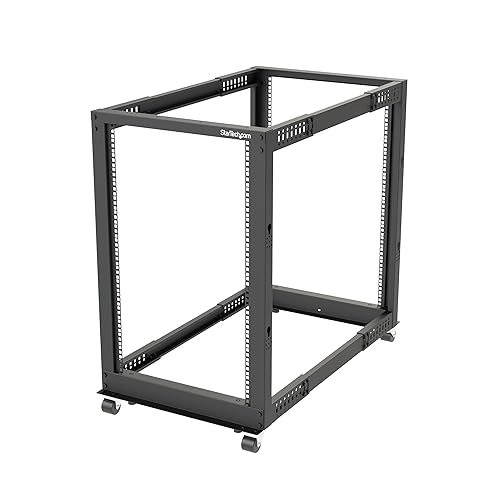 StarTech.com 4-Post 18U Mobile Open Frame Server Rack, 19in Network Rack with Wheels, Rolling Rack for Computer/AV/Data/IT Equipment - Casters, Leveling Feet or Floor Mounting (4POSTRACK18U) 18U Rack