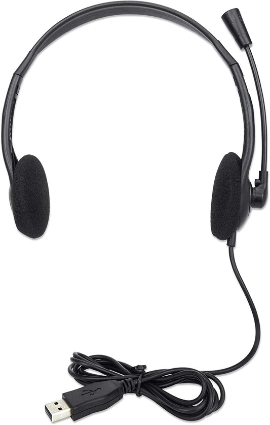 MANHATTAN USB Headset with Mic – Long 5 ft Cable Cord, Dual-Sided Padded On-Ear, Adjustable Headband – Non Reversible (Left Side Mic Use Only) - for Desktop, Laptop, Computer –3 Yr Mfg Warranty-179898