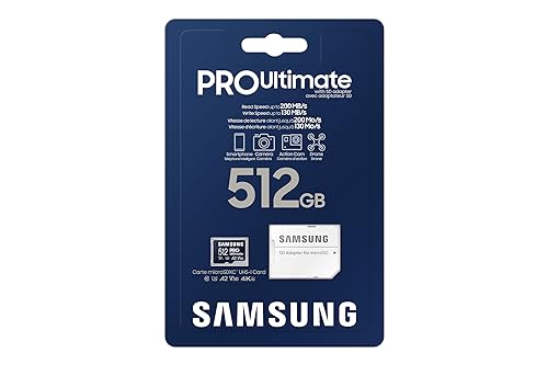 SSAMSUNG PRO Ultimate microSD Memory Card + Adapter, 512GB microSDXC, Up to 200 MB/s, 4K UHD, UHS-I, Class 10, U3,V30, A2 for Action Cam, Drone, Gaming, Phones, Tablets, MB-MY512SA/AM [Canada Version]