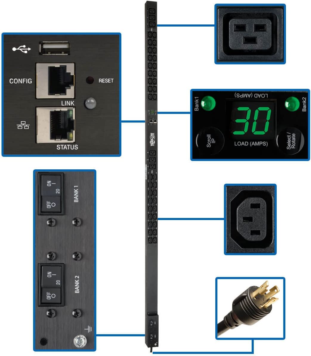 Tripp Lite PDU Monitored 208/240V 30A 36 C13; 6 C19 Outlets L6-30P LX Interface 10 ft Cord 0URM TAA (PDUMNV30HV2LX)