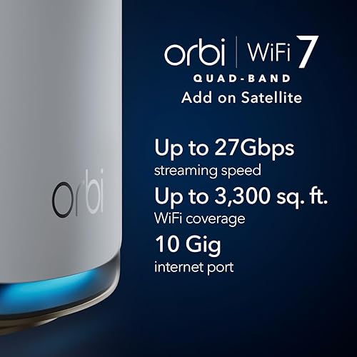 NETGEAR Orbi 970 Series Quad-Band WiFi 7 Mesh Add-on Satellite (RBE970) - Works with Orbi RBE972S and RBE973S, Adds Coverage Up to 3,300 sq. ft., BE27000 802.11be (Up to 27Gbps)
