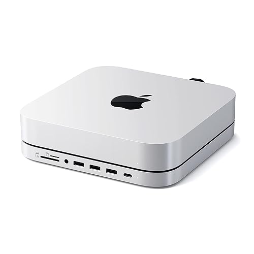 Satechi Type-C Stand & Hub with SSD Enclosure – Fits M.2 SATA SSD, USB-C Data Port, Micro/SD Card Readers, USB-A & Headphone Jack Port - for M2/ M1 Mac Mini, Mac Studio (Silver)