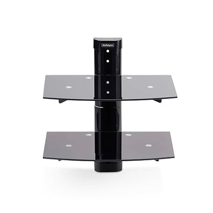 StarTech.com Dual Floating Wall-Mounted AV Shelves, Adjustable Height Shelf for Under TV AV Equipment, Tempered Glass Shelves