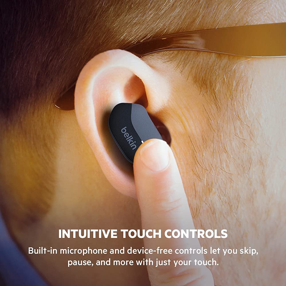 Belkin SoundForm True Wireless Earbuds, Bluetooth Headphones with Microphone, Touch Controls, IPX5 Sweat &amp; Splash Resistant for iPhone 12, Pro, Max, Mini and Galaxy with Charging Case (Black) Classic Black
